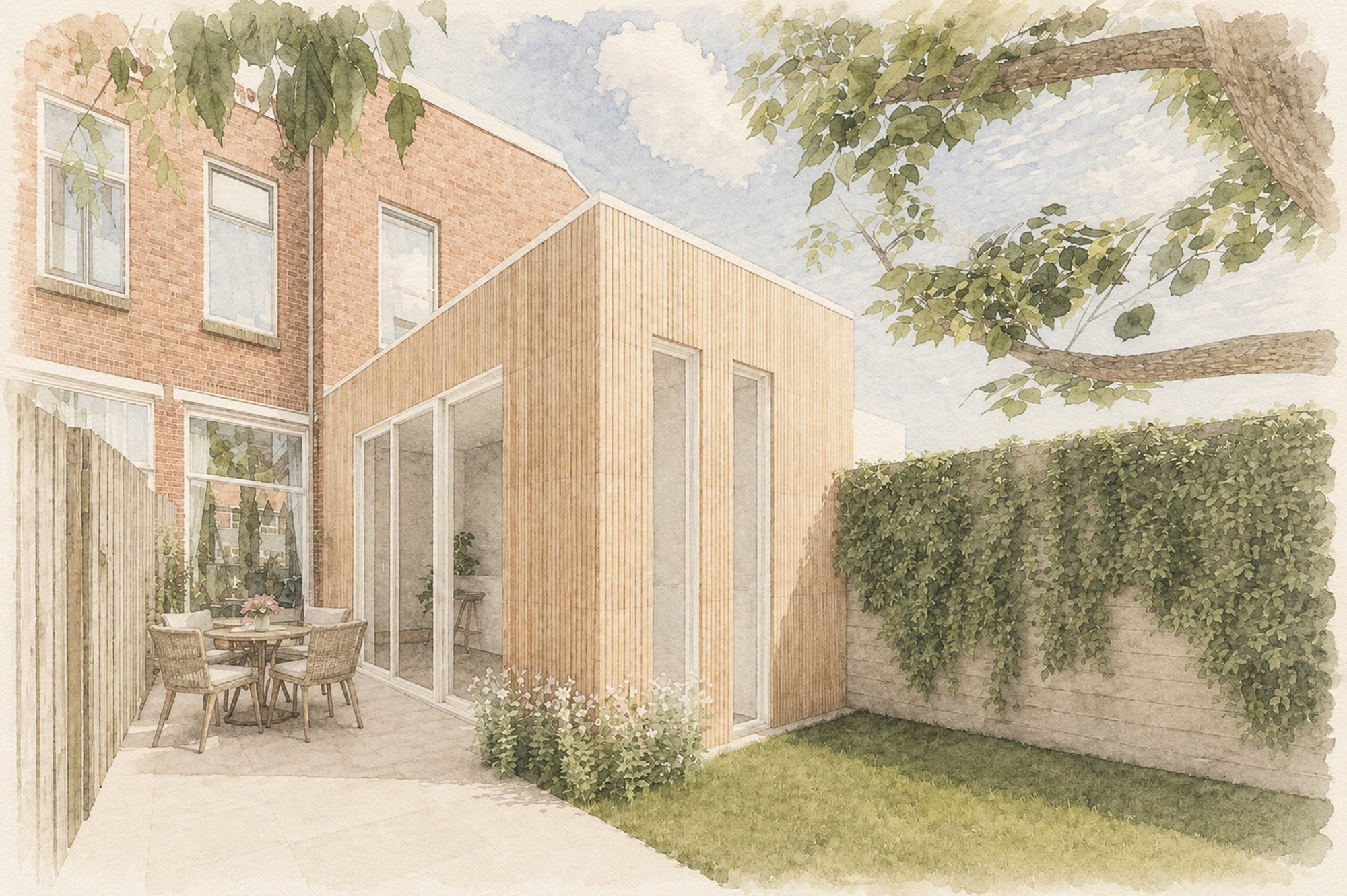Coornhertstraat — aquarel achtergevel met houten uitbouw