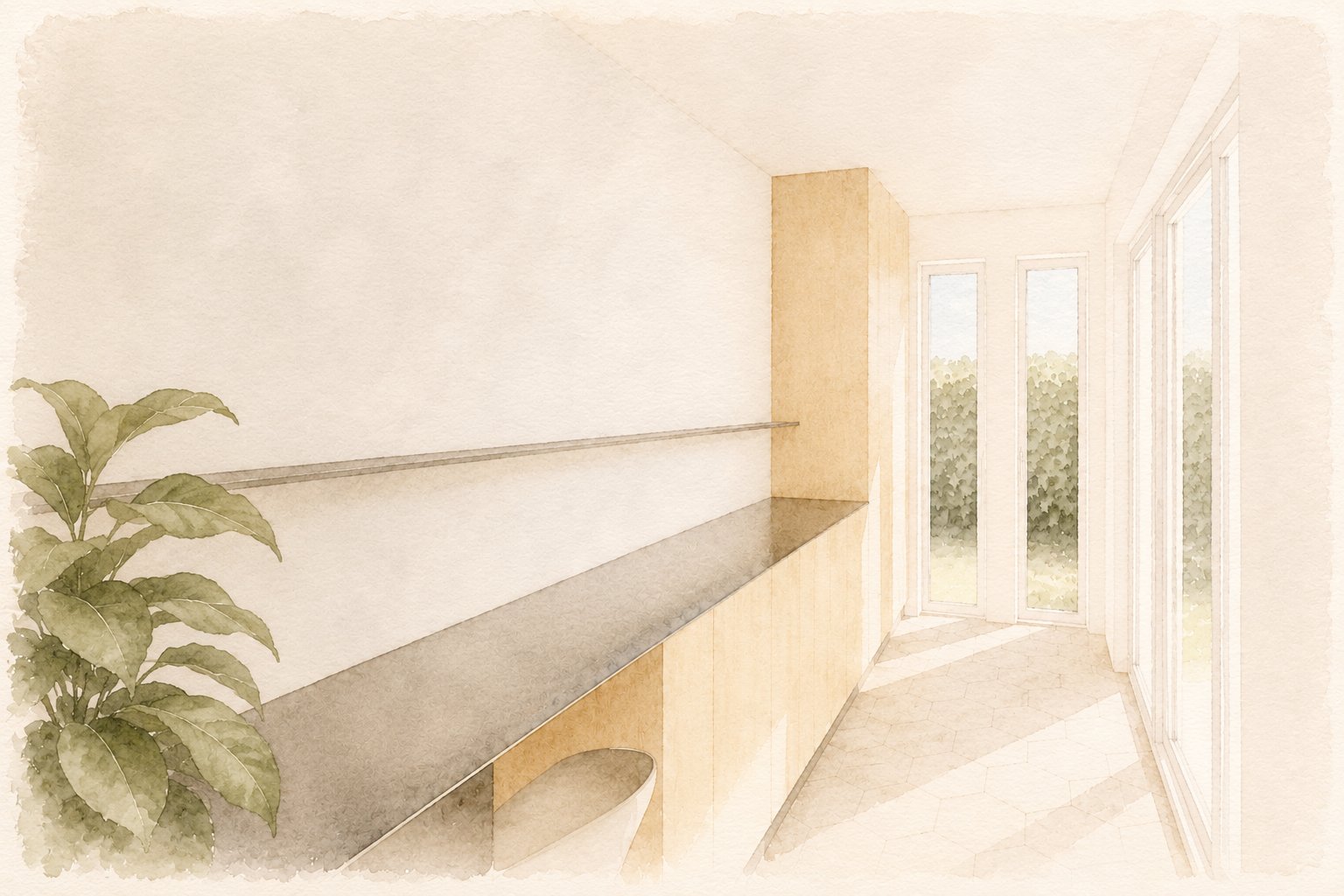 Interieur — werkbank langs de wand
