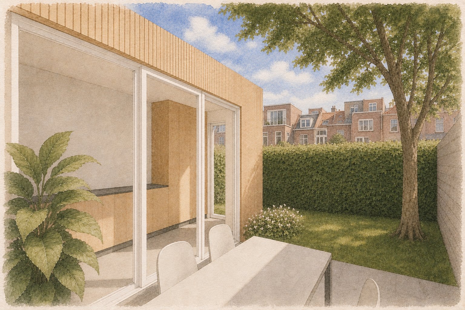 Tuinzijde — uitbouw met terras en boom